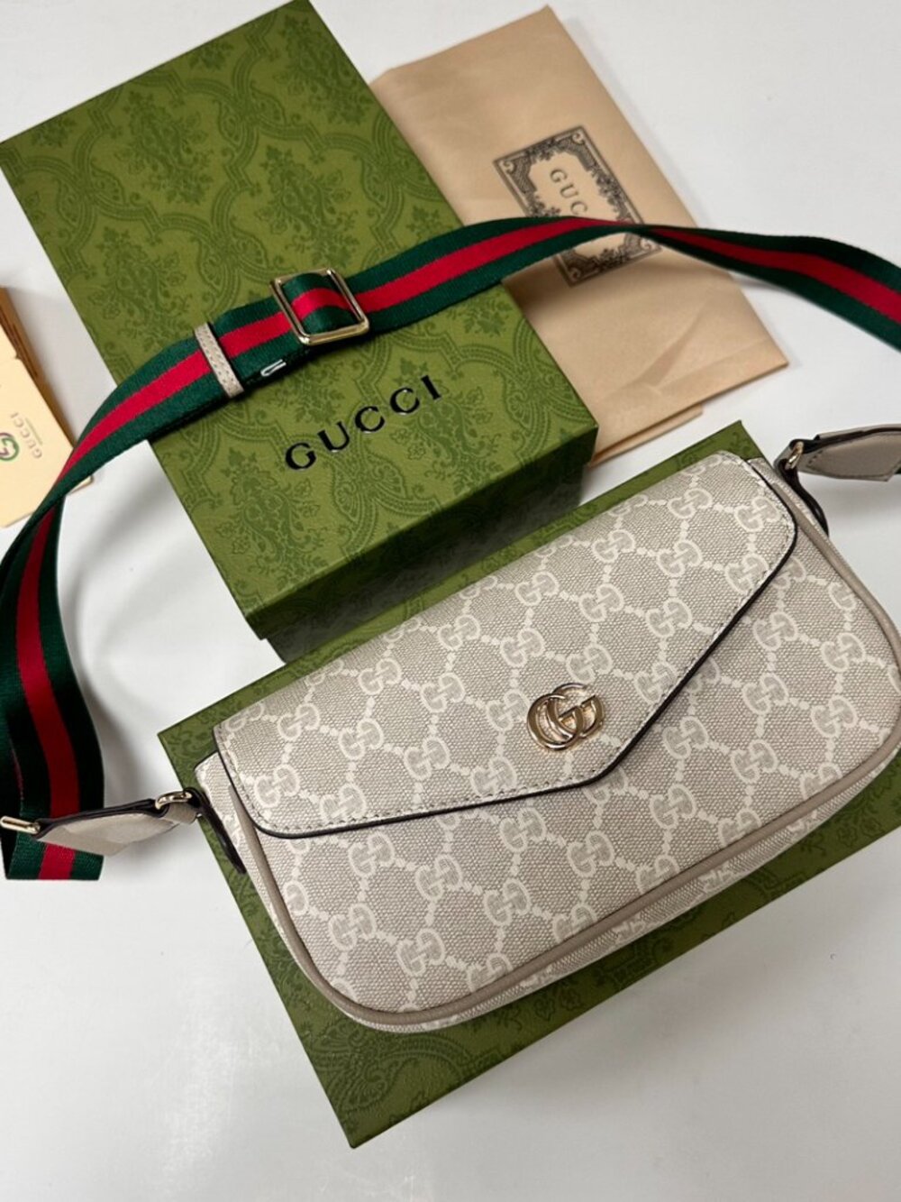 Gucci Ophidia Pochette White GG Canvas Crossbody-Beige